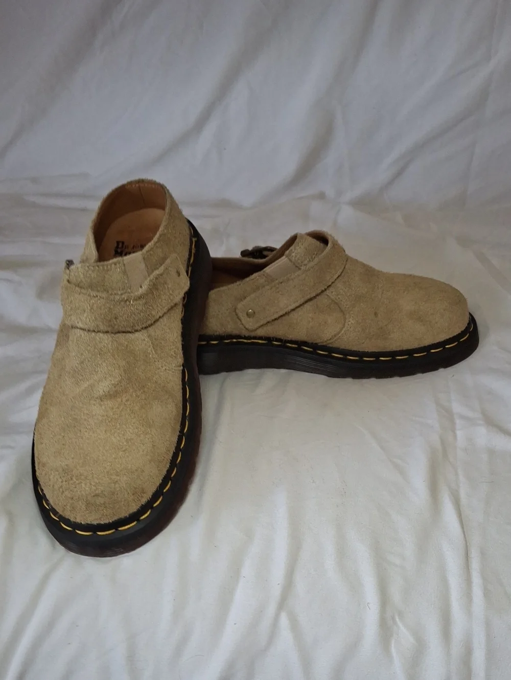 Dr. Martens Beige Suede Slip-On Loafers with Black Sole and Yellow Stitching